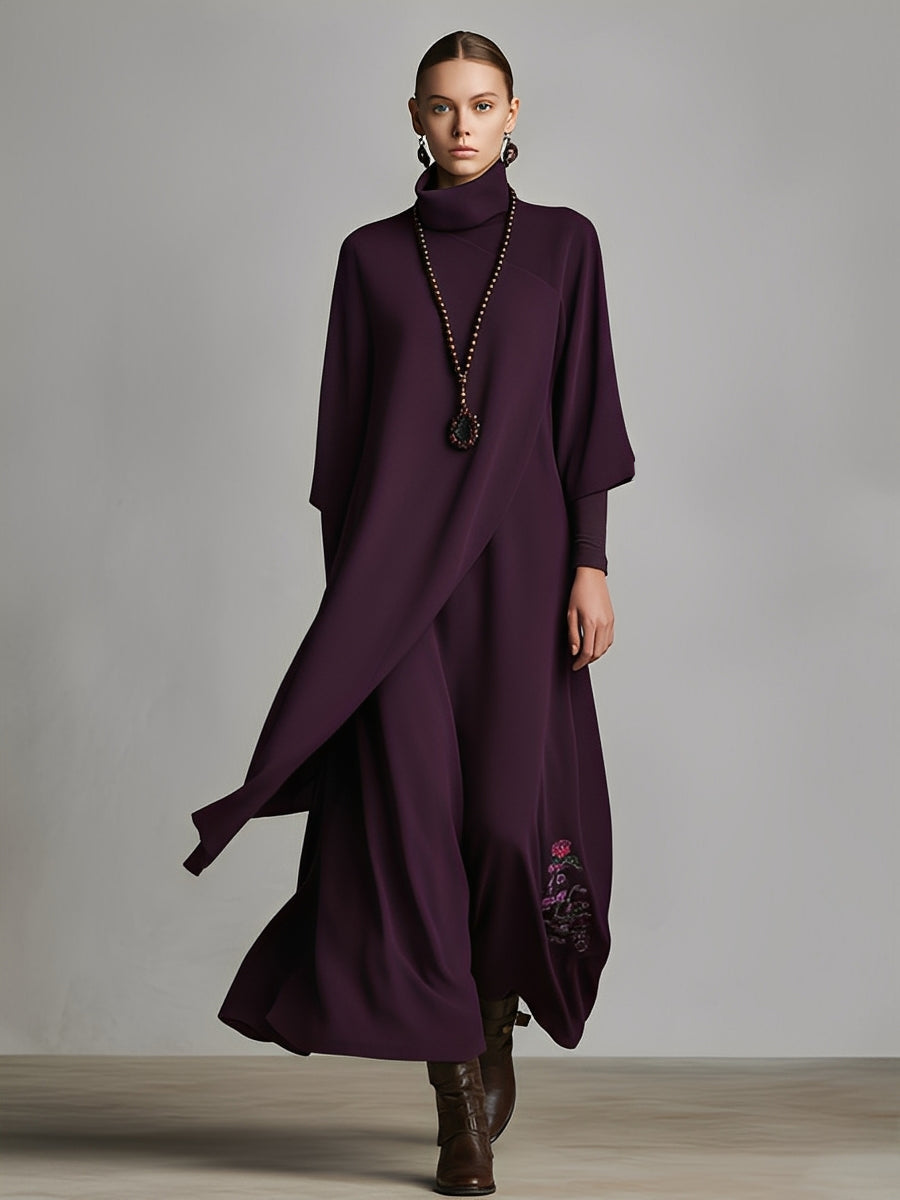 Kvinnors plommonfärgad draperad bomullsblandad jersey maxi-klänning med elegant hög krage och broderi