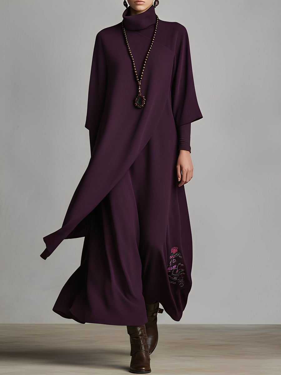 Kvinnors plommonfärgad draperad bomullsblandad jersey maxi-klänning med elegant hög krage och broderi