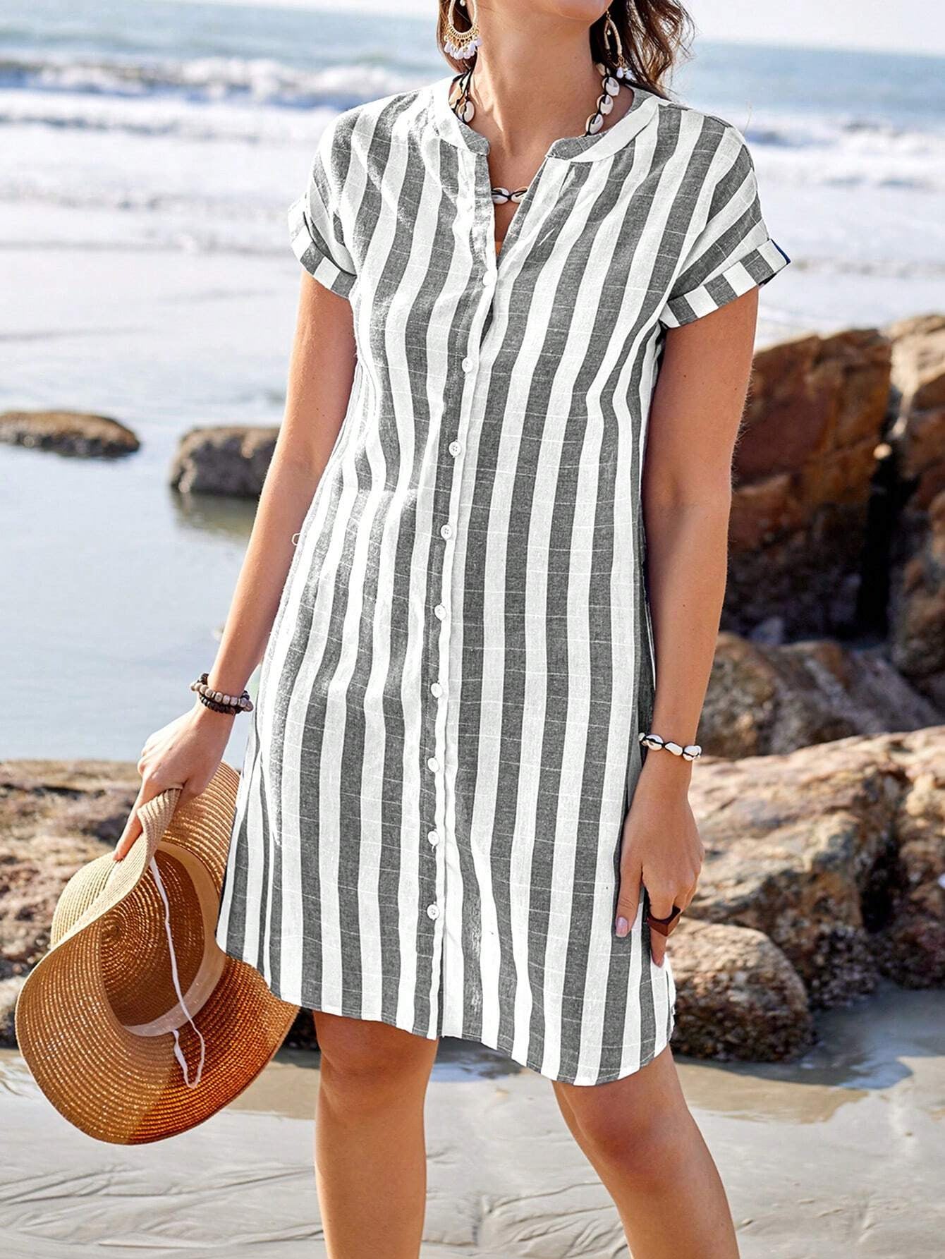 Martine™ | Kustnära Chic – Lättviktsrandig skjortklänning