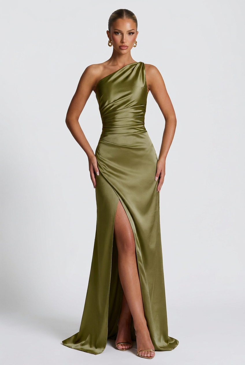 Daphne | Damernas enaxlad satin maxi balklänning med slits