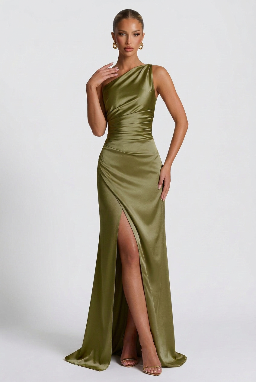 Daphne | Damernas enaxlad satin maxi balklänning med slits
