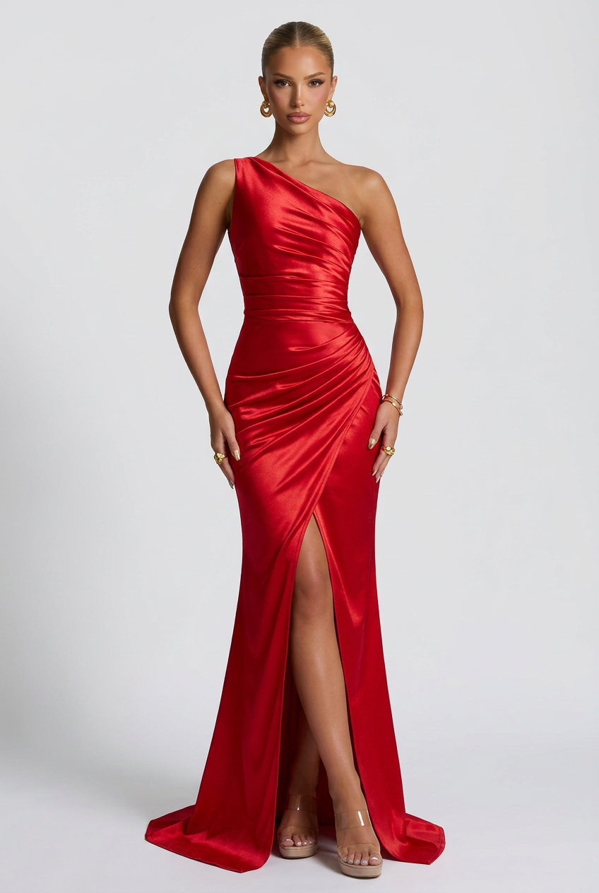 Daphne | Damernas enaxlad satin maxi balklänning med slits