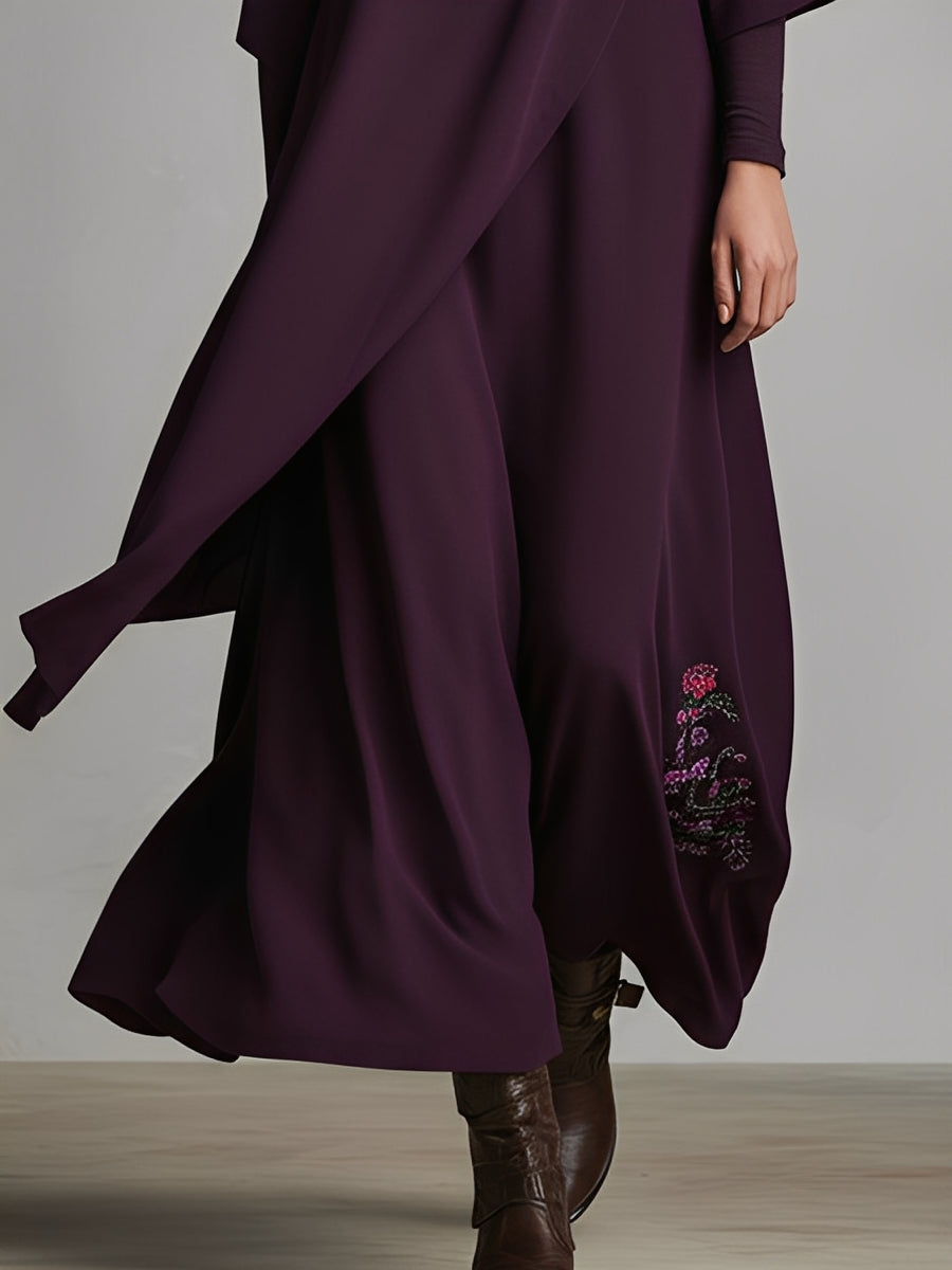 Kvinnors plommonfärgad draperad bomullsblandad jersey maxi-klänning med elegant hög krage och broderi