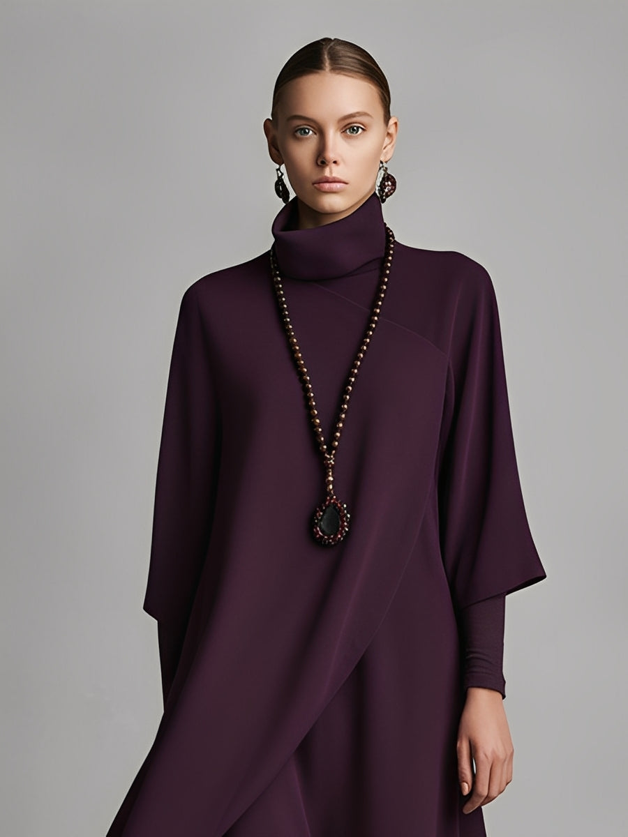 Kvinnors plommonfärgad draperad bomullsblandad jersey maxi-klänning med elegant hög krage och broderi