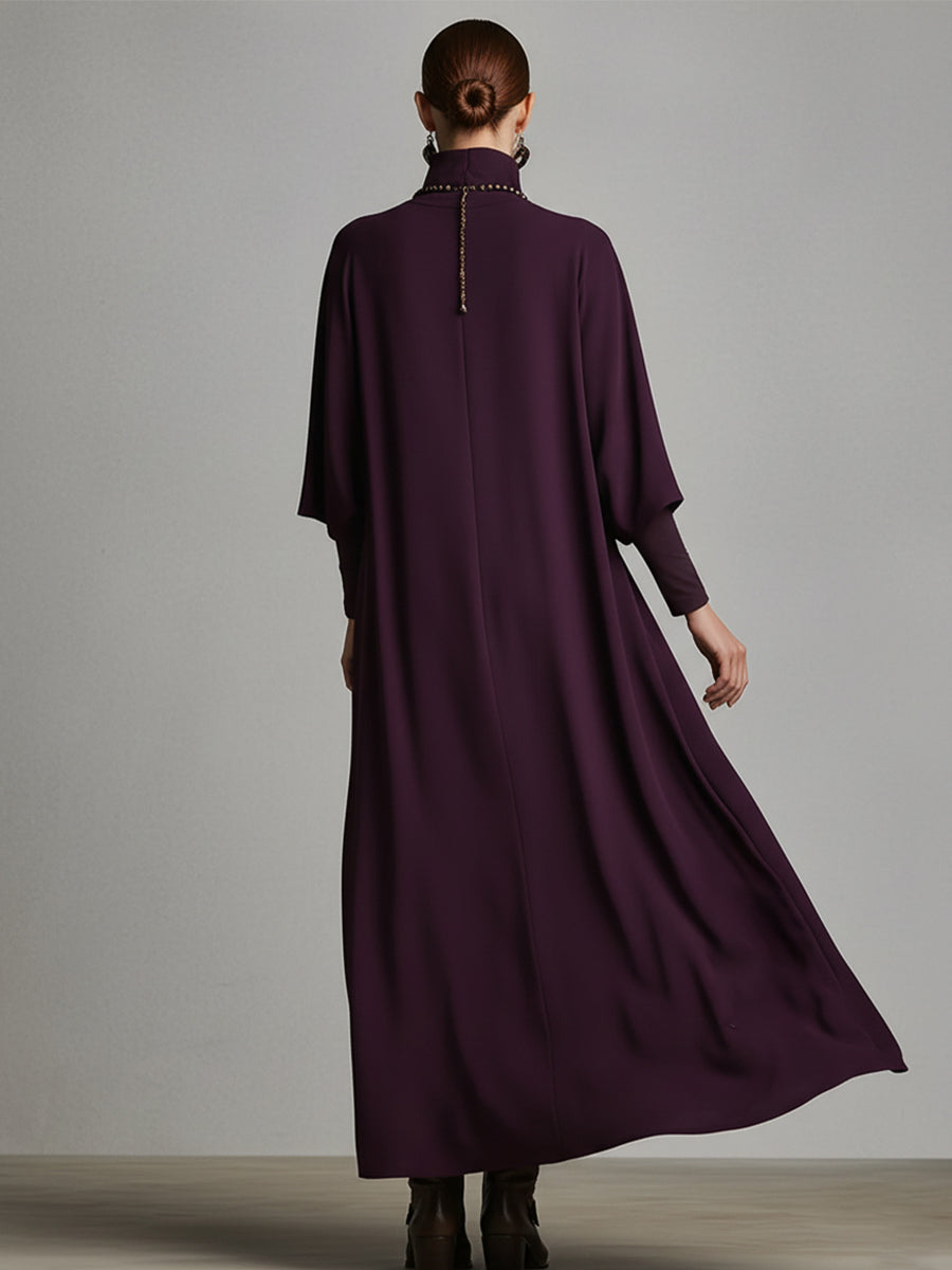 Kvinnors plommonfärgad draperad bomullsblandad jersey maxi-klänning med elegant hög krage och broderi